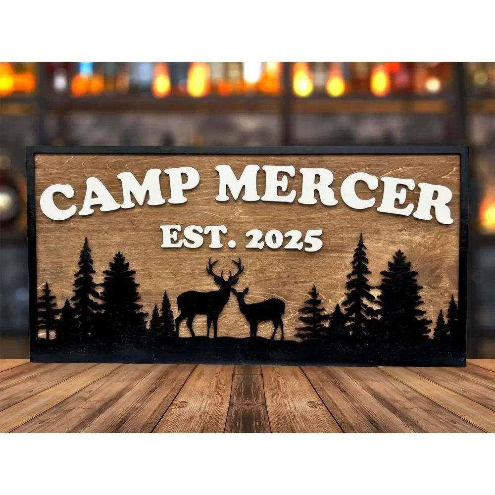 Custom Camp Sign Deer & Trees Personalized Cabin Lake House River Hunting Decor